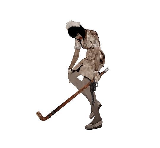 a gif of the nurse enemy from silent hill 3 walking and twitching. she is holding a large pipe and revolver.